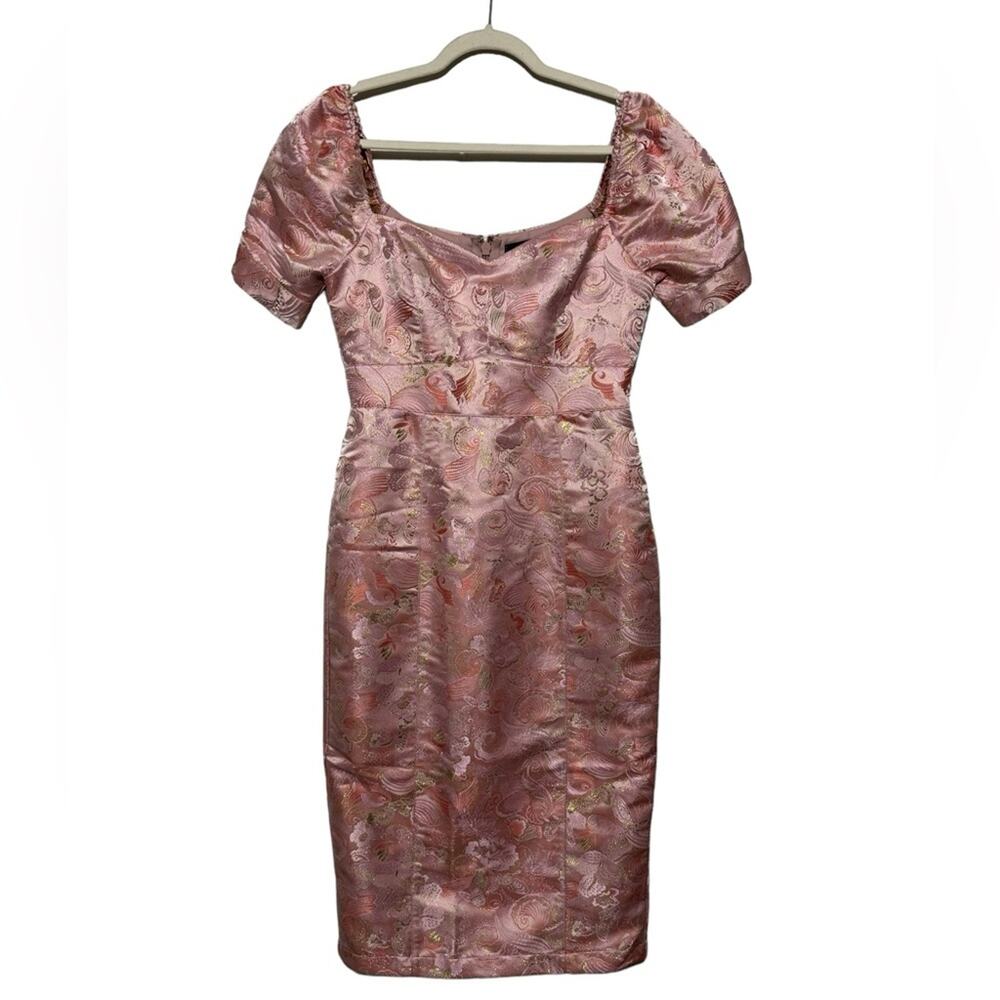 FATE NWT Pink Gold‎ Metallic Sweetheart Neck Pencil Dress Women’s Size Small